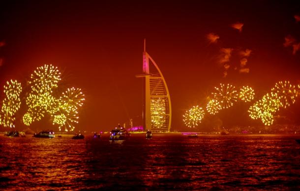 Burj Al Arab New Year Fireworks view from exclusive yacht in Dubai