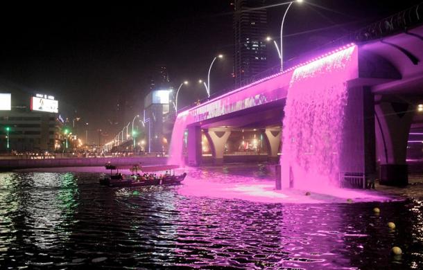 Dubai Canal water gate opening for yacht